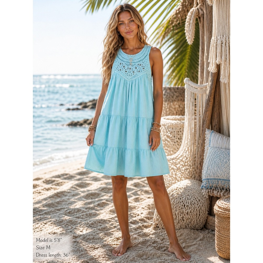 Bohemian Beach Turquoise Whimsical Dress Resort Casual Vacation Size M Crochet